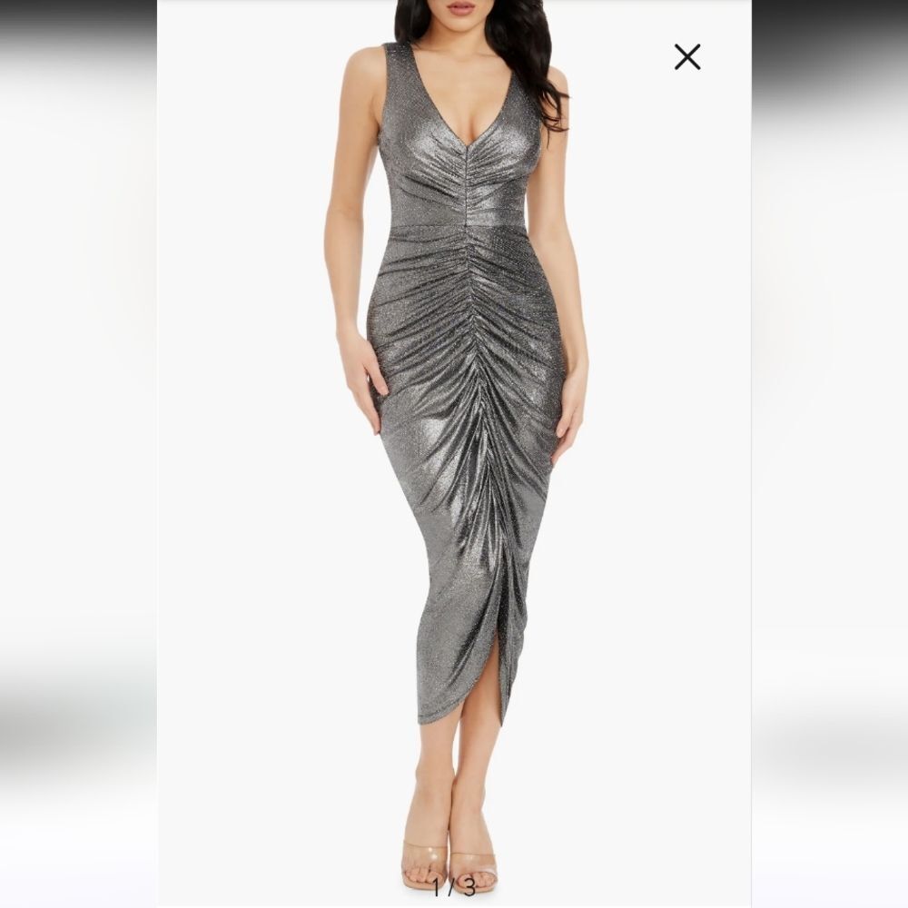 Dress The Population Britt Metallic Center Ruched Sheath Gown
